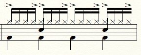 ドラムの16ビート譜面例：アクセントの追加