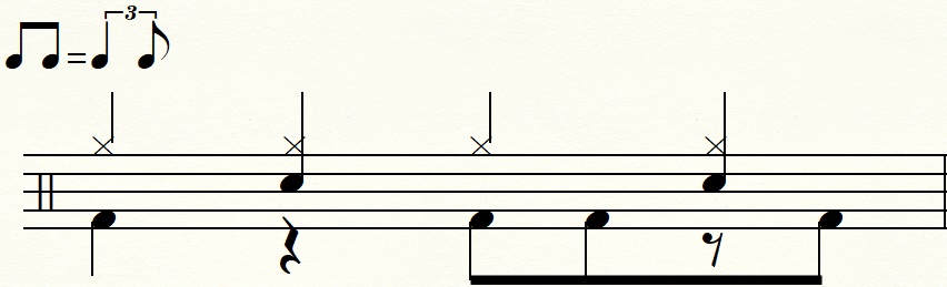 3拍目と4拍目の裏にバスドラムを踏むパターン